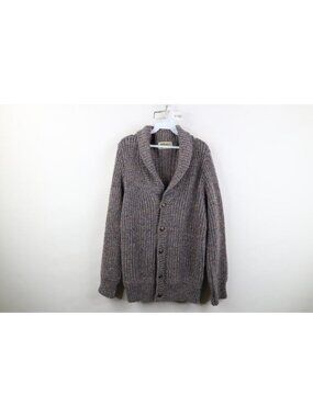 Vintage 70s Mens Large Rainbow Fleck Chunky Ribbed Knit Shawl Cardigan Sweater